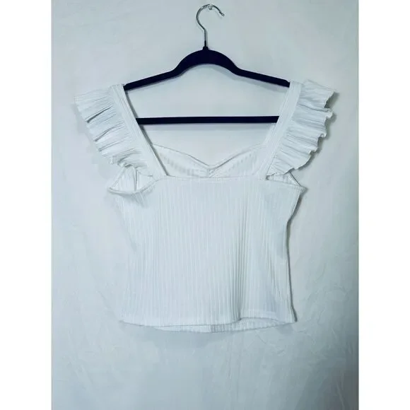 Hespana Women's Ruffle Strap Ribbed Crop Top Junior Size M - Picture 2 of 2
